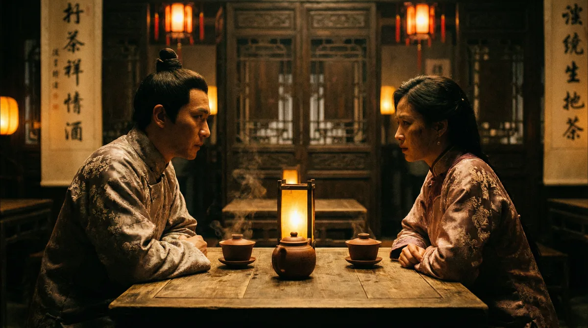 福利姬古装剧情片拍摄剧照-茶馆对话场景